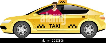 Taxi driver in car flat color vector faceless character. Smiling man sitting in yellow sedan isolated cartoon illustration for web graphic design and Stock Vector