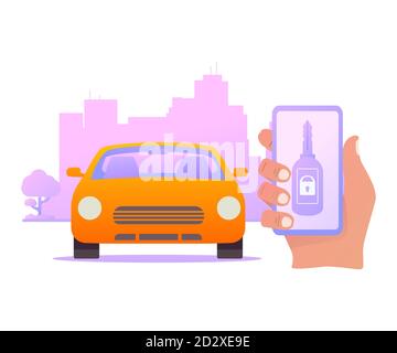 Smart car key security .The smartphone controls wireless auto. Stock Vector