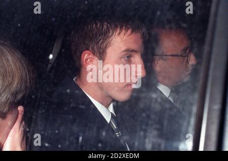 Leeds United soccer star Lee Bowyer leaves Thames Magistrates Court in London this morning (Fri) where he was fined 4,500 after being caught on video throwing chairs across a restaurant in a violent confrontation. England Under-21 international Bowyer could be clearly seen rushing into the drive-in McDonald's and hurling chairs at staff in the video. Bowyer, 19, admitted one charge of affray at Thames Magistrates Court, east London, last month. See PA story COURTS Bowyer. Photo by Adam Butler/PA. Stock Photo