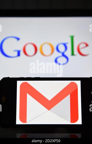 Gmail and Google Logos displayed on screens in London, UK. Stock Photo