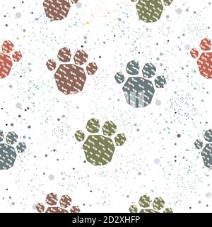 Cute Pattern with Golden dog paws with pastel blue stripes on beige background with tiny dots. Hand Drawn Design. Great for wall art design, gift pape Stock Vector
