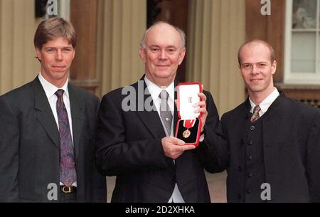 Playwright Sir Alan Ayckbourn, accompanied by sons Steven (left) and Philip, to collect his knighthood at today's (Tuesday) Buckingham Palace investiture. Photo by John Stillwell/PA Stock Photo