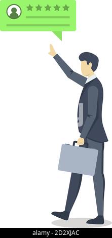 Businessman with positive review bubble semi flat RGB color vector illustration. Consumer feedback. Client satisfaction. Quality evaluation. Satisfied Stock Vector