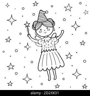 Coloring page for kids with a cute fairy. Flying princess girl with a magic wand Stock Vector