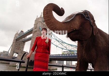 Karen Gee, development director of Flying Colours Holidays, with Rhanee, an Indian Elephant, at Tower Bridge in London today (Monday), where they highlighted the plight of redundant Indian Elephants in Thailand, and the work of the elephant orphanage and training camp at Chiang Dao. Photo by Justin Williams. Stock Photo