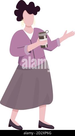 Elegant adult woman with thermo mug flat color vector faceless character. Caucasian middle aged lady holding portable metal coffee cup isolated Stock Vector