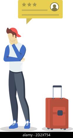 Traveller with neutral review bubble semi flat RGB color vector illustration. Consumer feedback. Client satisfaction. Quality evaluation. Satisfied Stock Vector