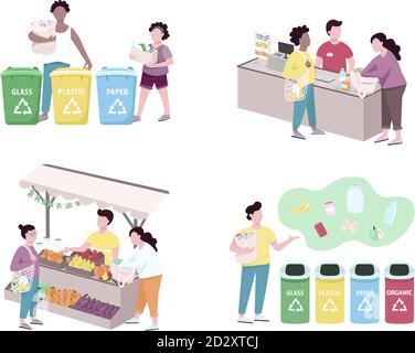 People sorting trash flat color vector faceless characters set. Customers using reusable bags for grocery, making purchases. Zero waste lifestyle Stock Vector