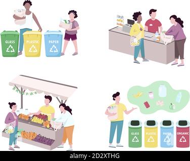 People sorting trash flat color vector faceless characters set. Customers using reusable bags for grocery, making purchases. Zero waste lifestyle Stock Vector