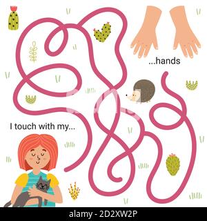 I touch with my hands maze puzzle for kids. Five senses game Stock Vector