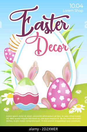 Easter decor poster flat vector template. Spring holiday Pascha decorations. Brochure, booklet one page concept design with rabbits cartoon characters Stock Vector