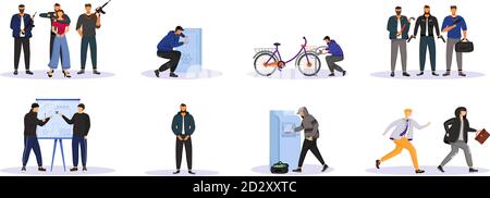 Criminal activity flat color vector faceless characters set. Organized crime. Mobs, groupings. Street burglary. Money, property theft. Isolated Stock Vector