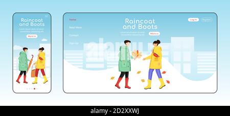 Raincoat and boots landing page flat color vector template. Mobile display. Rainwear homepage layout. Male with leaves one page website interface Stock Vector