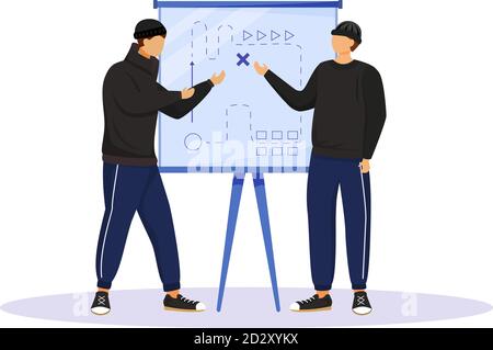 Two men planning criminal act flat color vector faceless character. Criminals preparing for attack. Robbers looking at map drawn on whiteboard Stock Vector