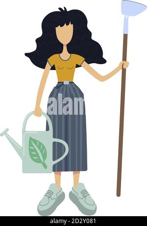Zero waste flat cartoon vector illustration. Standing woman holds watering can and hoe. Agriculture. Ready to use 2d character template for commercial Stock Vector