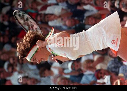 Celebration for Martina Hingis on Centre Court this afternoon (Saturday) after winning the Ladies' Singles Final at Wimbledon. The sixtenn-year-old beat Jana Novotna 2-6 6-3 6-3. Phtoo by Adam Butler/PA. Stock Photo