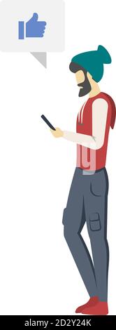 Man with smartphone semi flat RGB color vector illustration. Person leaving positive review. Guy surfing Internet, chatting. Quality evaluation Stock Vector