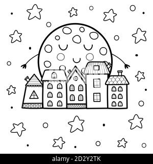 Cute sleeping moon and night town landscape coloring page. Good night background Stock Vector
