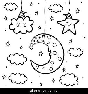 Sleeping moon and star at night coloring page. Sweet dreams black and white card Stock Vector
