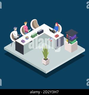 Modern book library isometric color vector illustration. Student in university computer classroom. People at desks with laptops. Public library 3d Stock Vector