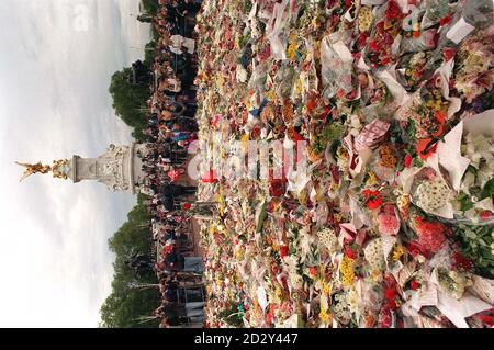 Grieving visitors view the thousands of floral tributes laid outside Buckingham Palace, following the tragic death of Diana, Princess of Wales in the early hours of Sunday morning. See PA Story DIANA Flowers. Photo by John Stillwell.. Stock Photo