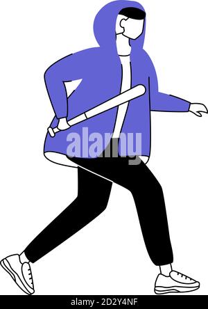 Vandalism flat silhouette vector illustration. Misdemeanor. Running vandal. Guy with baseball bat. 2D isolated outline character on white background Stock Vector
