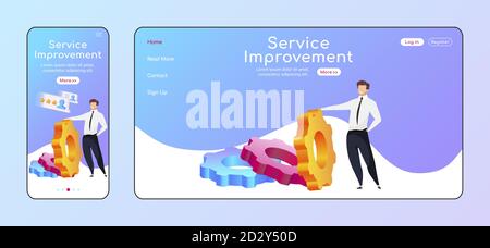 Service improvement adaptive landing page flat color vector template. High rating mobile and PC homepage layout. Man reclining to gear one page Stock Vector