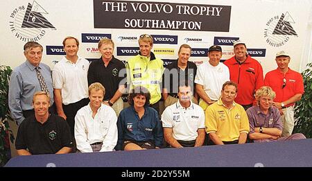 Whitbread Round the World Yatch race, Left to Right of the Captains, standing Ian Bailey-Willmot Race Director, Gunnar Krantz, Swedish Match. Jim Allsopp, Chessie Racing. Knut Forstad, Innovation Kvaerner. George Collins, Chessie Racing. Grant Dalton, Merit. Dennis Conner Toshiba. Chris Dickson, Toshiba.   Sitting.  Mark Fischer, Chessie Racing. Hans Bouscholte, Brunel Sunergy. Christine Guillou, EF Education. Paul Cayard, EF Language. Ross Field, America's Challenge. Lawrie Smith, Silk Cut during today's press conference in Southampton.  Photo by Tim Ockenden /PA Stock Photo