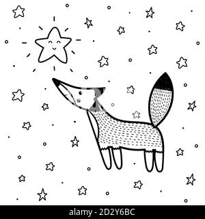 Cute fox looking at the star coloring page. Fantasy background for coloring book Stock Vector