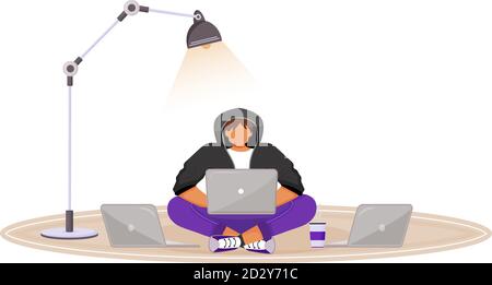 Young man in hoodie with several laptops flat color vector faceless character. Student working at home. Remote, freelance job. Hacking. Isolated Stock Vector
