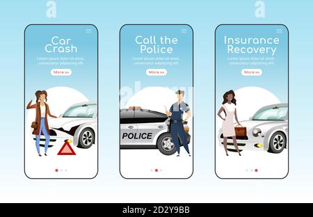Auto emergencies onboarding mobile app screen flat vector template. Traffic accidents protection. Walkthrough website steps with characters. UX, UI Stock Vector