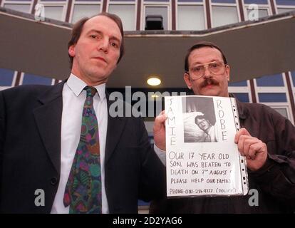 Bermondsey Lib Dem MP Simon Hughes (left) at Rotherhithe Police Station today (Monday), with Stuart Robe, whose 17yr old son Jamie Robe was beaten to death on the local Osprey housing estate. Stock Photo