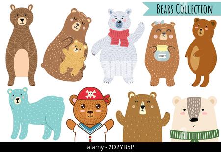 Bears set in cartoon style. Cute forest animal collection isolated on white background Stock Vector