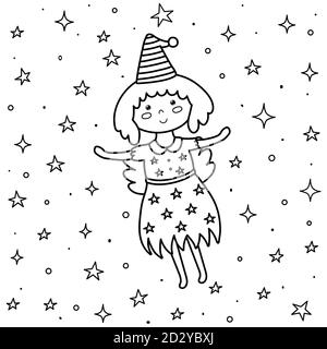 Coloring page for kids with a cute fairy. Fantasy little witch flying in the night sky Stock Vector