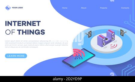 Smart home stereo system landing page vector template with isometric illustration. Loudspeakers, music volume remote control smartphone app. Website Stock Vector