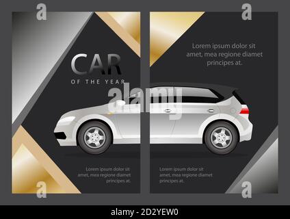 Car of the year flat vector brochure template. Auto dealership flyer, booklet, printable leaflet design. Best family car magazine page, cartoon annual Stock Vector