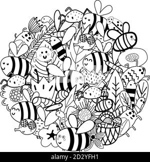 Cute bees in the flowers circle shape pattern. Funny insects coloring page Stock Vector