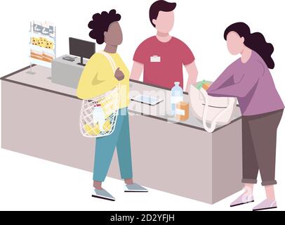 People at supermarket checkout flat color vector faceless characters. Shoppers making purchases. Buyers with reusable shopping bags isolated cartoon Stock Vector