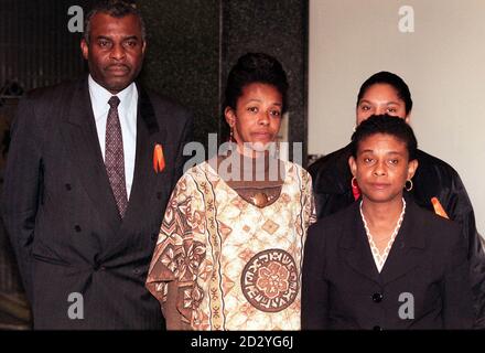 South African High Commissioner, Cheryl Carolus (centre), stands with Neville and Doreen Lawrence, parents of murdered teenager, Stephen Lawerence, whom she came to support during the second day of the inquiry into their son's death at Hannibal House is London today (Wednesday). 18-year-old Stephen was stabbed to death as he waited at a bus stop in Eltham, south east London in 1993. See PA story INQUIRY Lawrence. Photo by Peter Jordan/PA Stock Photo