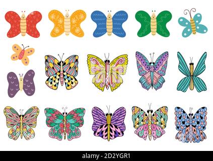 Colorful butterfly set. Funny insects isolated elements. Butterflies collection Stock Vector