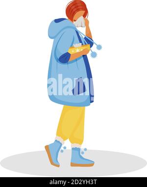 Sneezing flat color vector faceless character. Woman with nasal sickness. Female patient with influenza virus. Person blowing nose with tissue Stock Vector