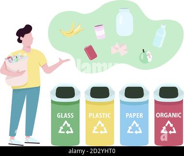 Trash sorting flat concept vector illustration. Waste management, garbage segregation and recycling. Man separating rubbish 2D cartoon character for Stock Vector