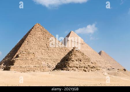 The three main pyramids with two of the three queen's pyramids, Giza, Egypt Stock Photo