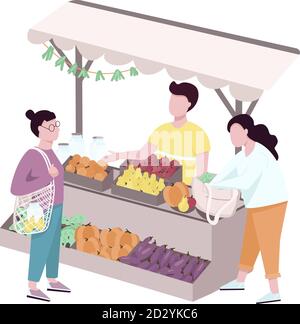 Outdoor street farmer market flat vector faceless characters. Trade tent with eco products. Buyers choosing natural and organic assortment isolated Stock Vector