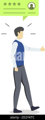 Businessman with positive review bubble semi flat RGB color vector illustration. Consumer feedback. Client satisfaction. Quality assessment. Satisfied Stock Vector