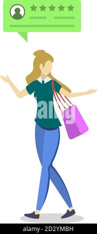 Woman with positive review bubble semi flat RGB color vector illustration. Consumer feedback. Client satisfaction. Quality assessment. Satisfied Stock Vector