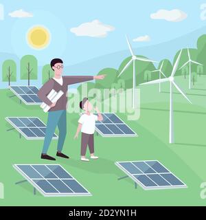 Father and son at alternative energy station flat color vector illustration. Renewable power generation. Man and kid near solar panels, wind turbines Stock Vector