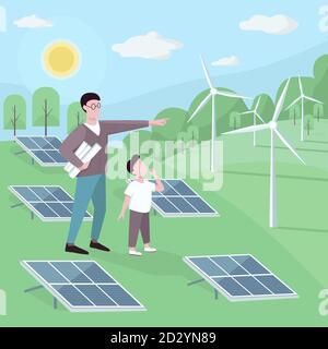 Father and son at alternative energy station flat color vector illustration. Renewable power generation. Man and kid near solar panels, wind turbines Stock Vector