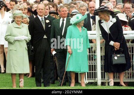 Members of the Royal family on the course at Epsom for the 219th running of the Derby race, Her Majesty the Queen (left to right), Prince Philip, The Queen Mother, and Princess Michael of Kent today (Saturday).  Photo Martyn Hayhowl/PA. Stock Photo