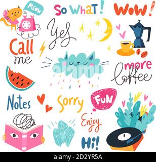 Stickers and labels with funny trendy elements, signs and lettering. Stock Vector